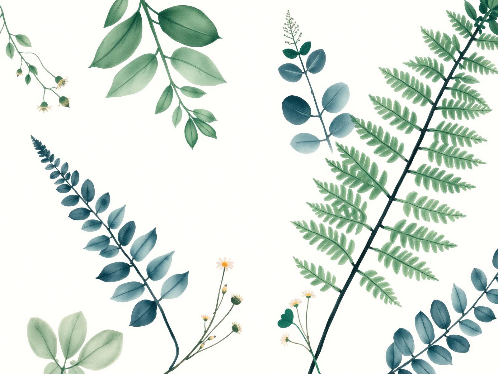 Botanical illustration of ferns and leaves